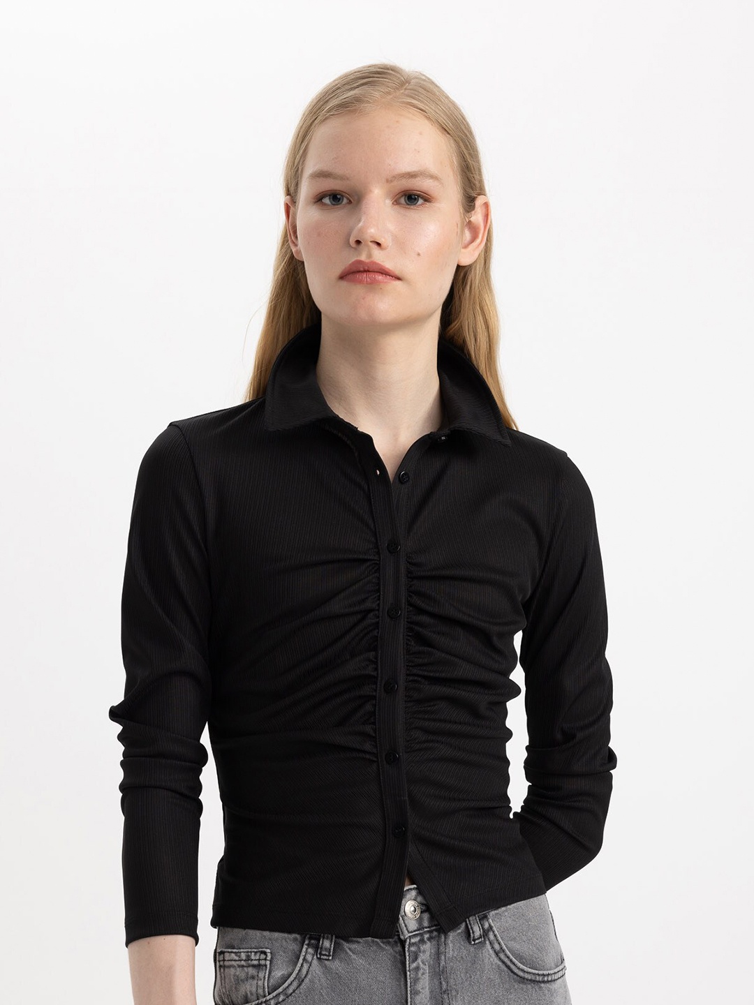 

DeFacto Shirt Collar Gathered Shirt Styled Top, Black