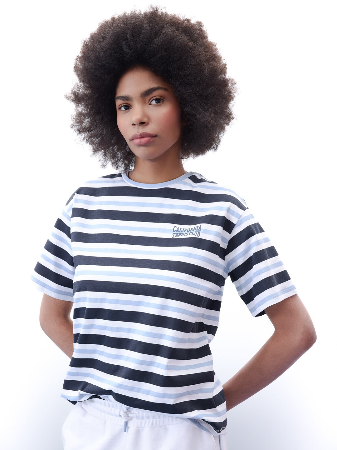 

DeFacto Striped Drop Shoulder Sleeves Pure Cotton Casual T-shirt, White