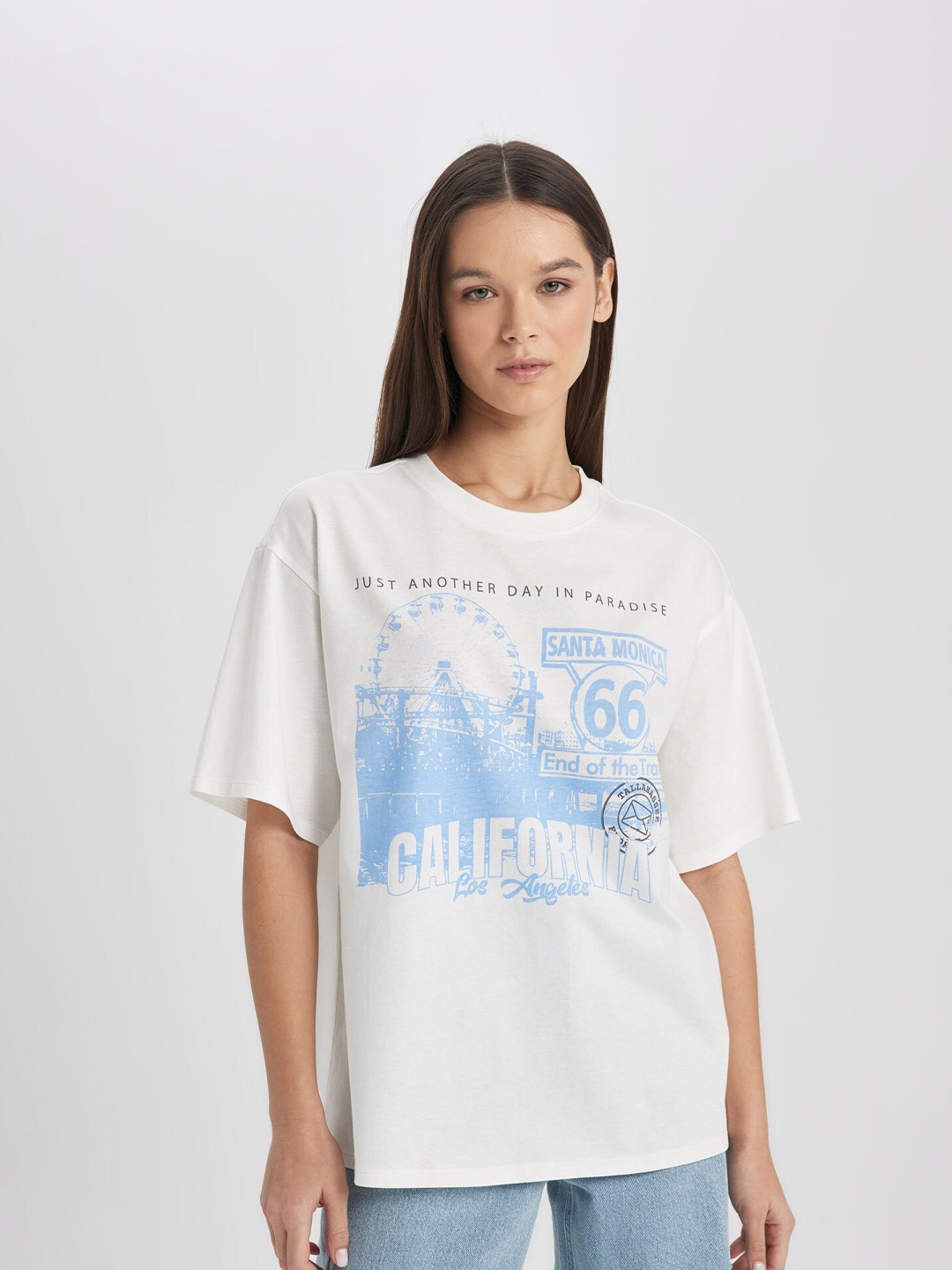 

DeFacto Graphic Printed Drop-Shoulder Pure Cotton T-shirt, White