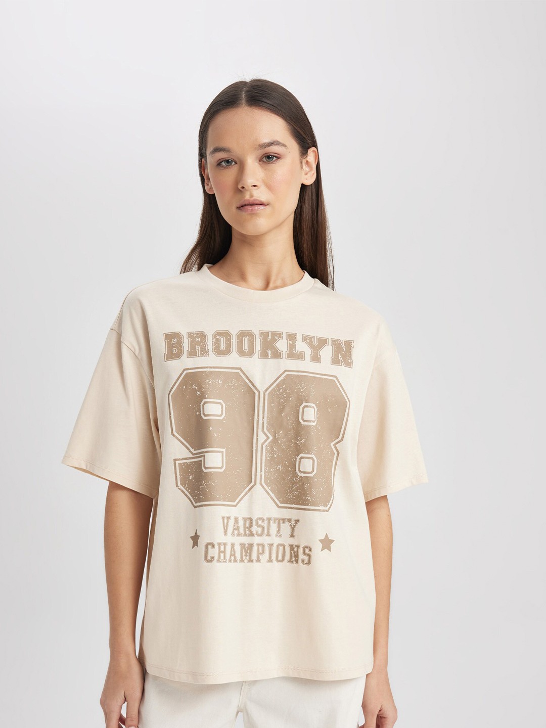 

DeFacto Typography Printed Pure Cotton T-shirt, Beige