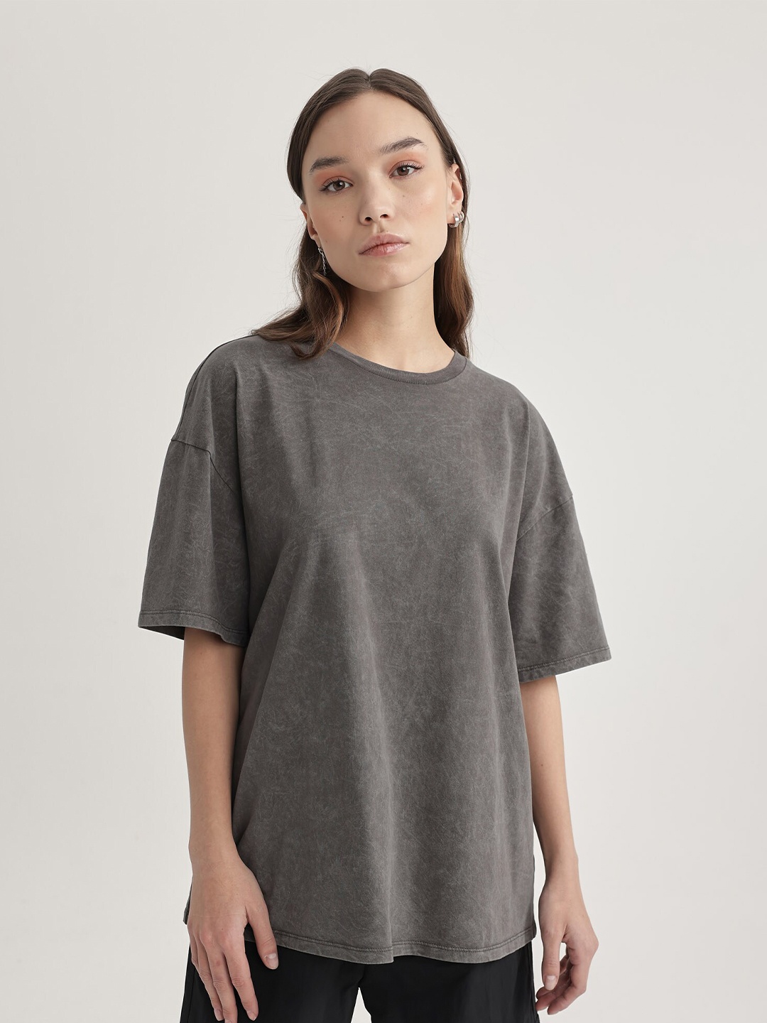 

DeFacto Drop-Shoulder Sleeves Pure Cotton Casual T-shirt, Grey