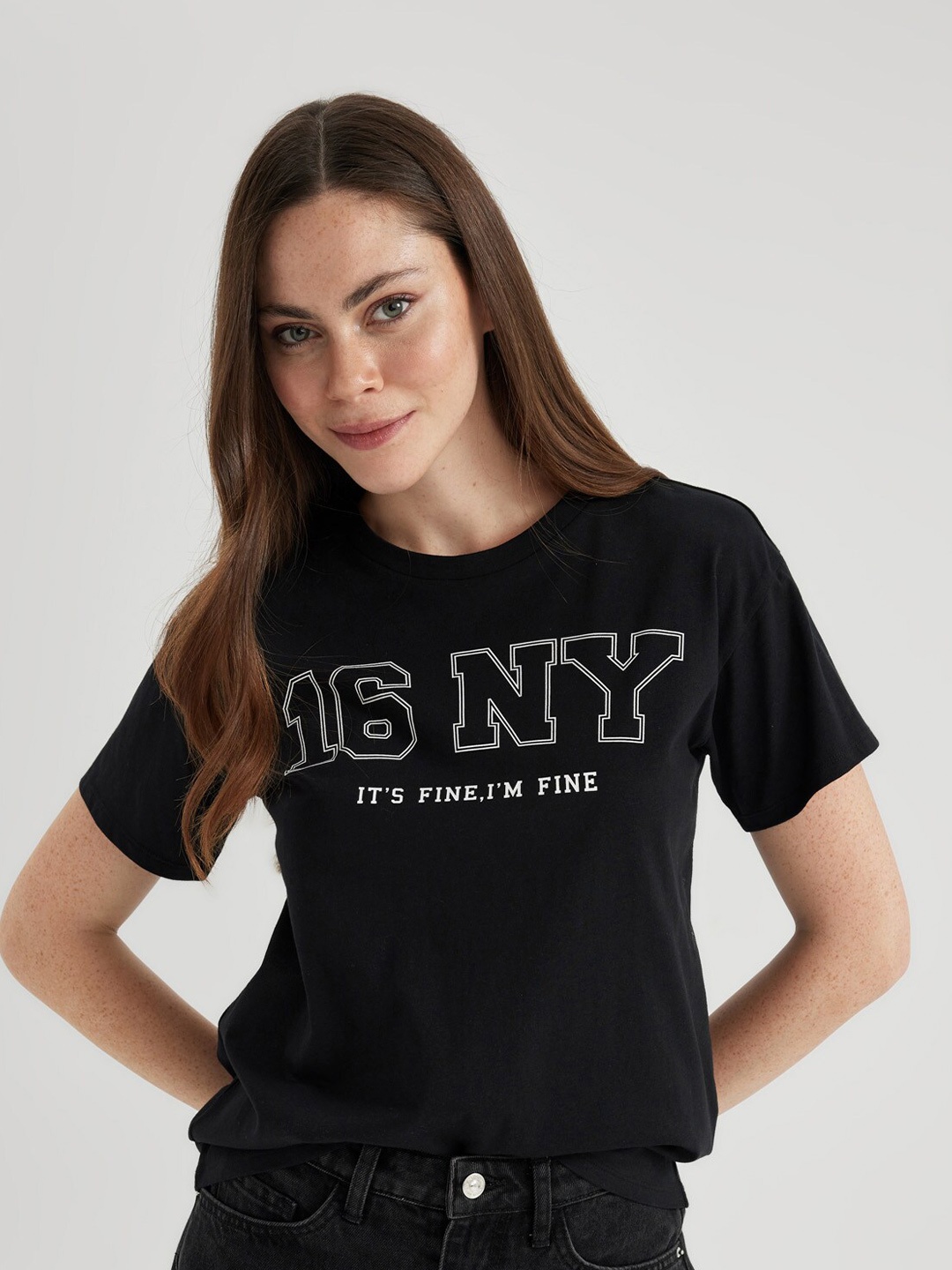 

DeFacto Typography Printed Pure Cotton T-shirt, Black