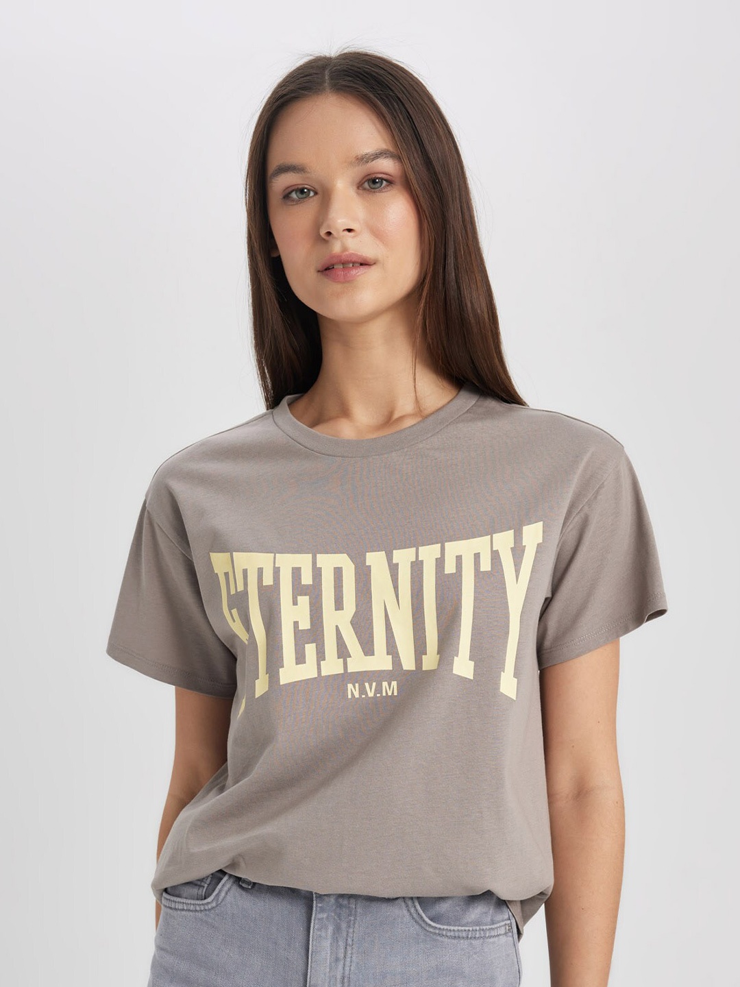 

DeFacto Typography Printed Pure Cotton T-shirt, Grey