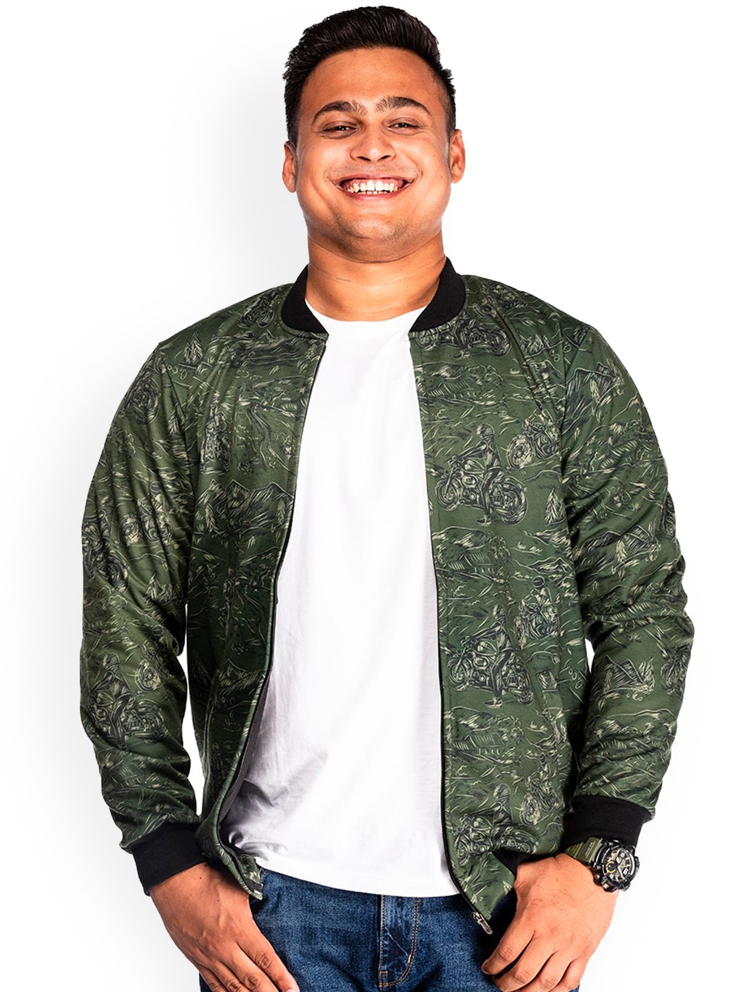 

WANDERLOOMS Conversational Printed Fleece Lightweight Crop Bomber Jacket, Green