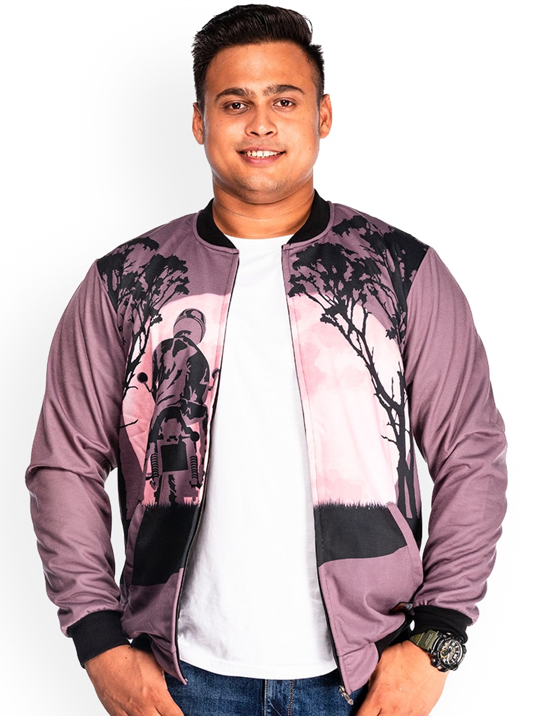 

WANDERLOOMS Graphic Printed Fleece Lightweight Crop Outdoor Bomber Jacket, Pink