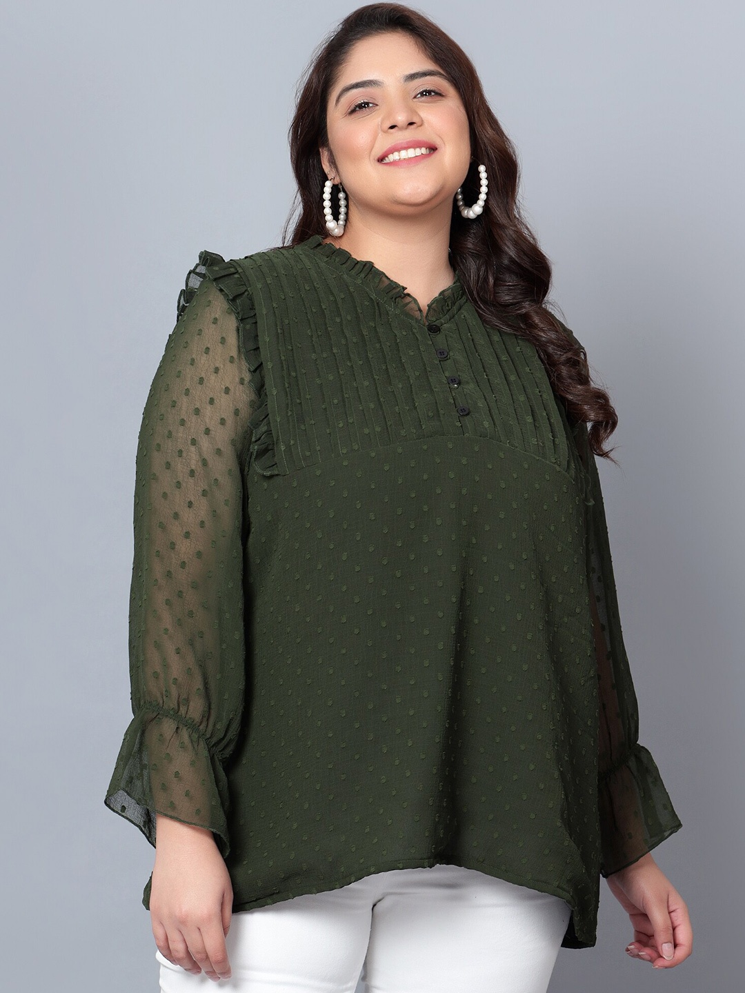 

Indietoga Women Plus Size Embroidered Georgette Longline Tunic Top, Green