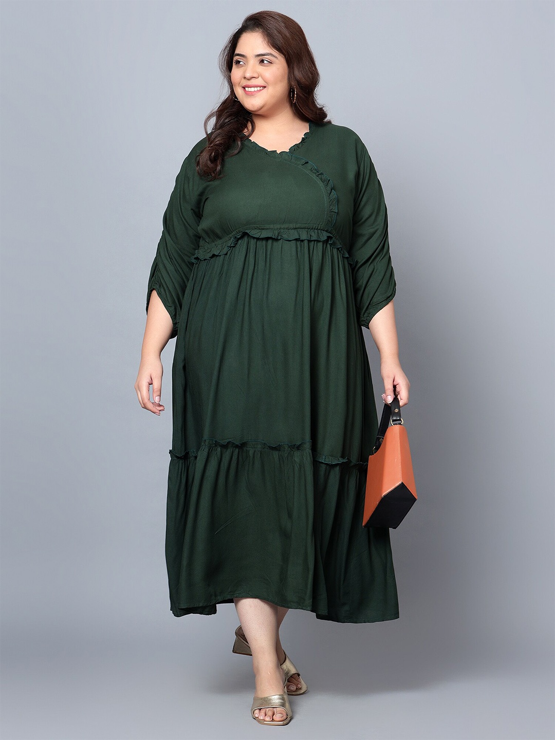 

Indietoga Plus Size V-Neck Ruffled Fit & Flare Dress, Green