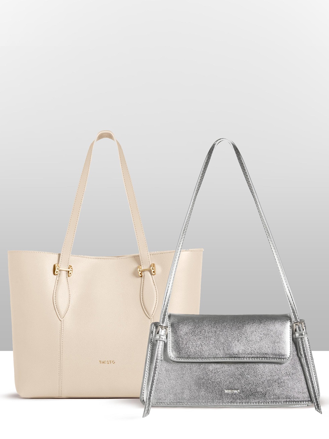 

THESTO Set Of 2 Structured Tote & Shoulder Bag, Silver