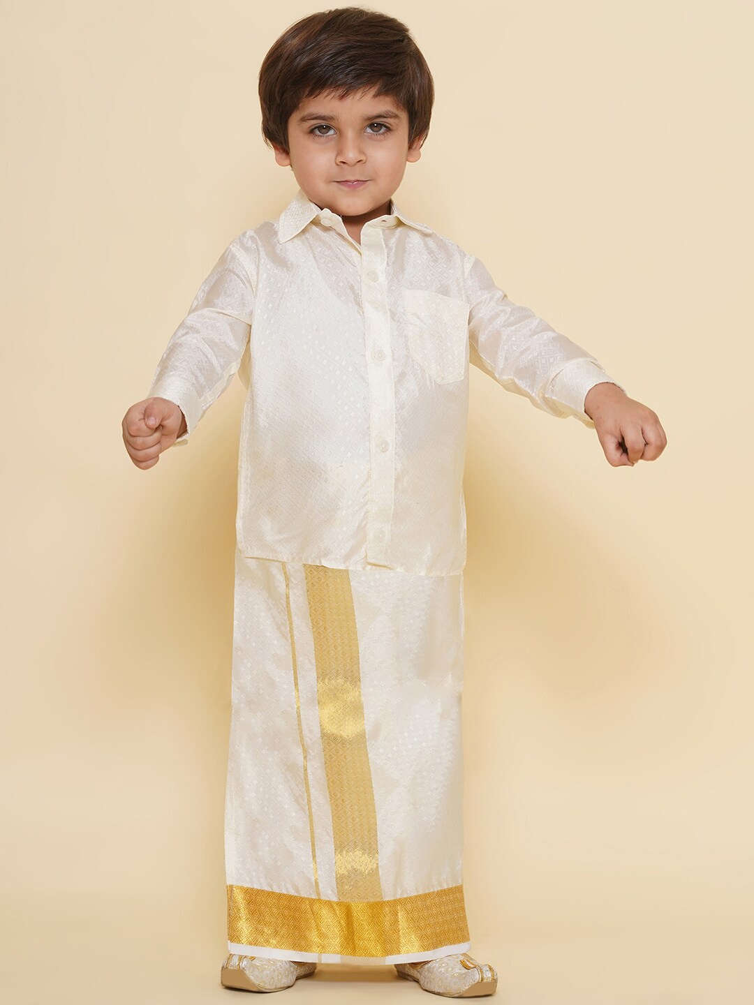 

Sethukrishna Boys Self Design Shirt Collar Shirt With Veshti, Off white