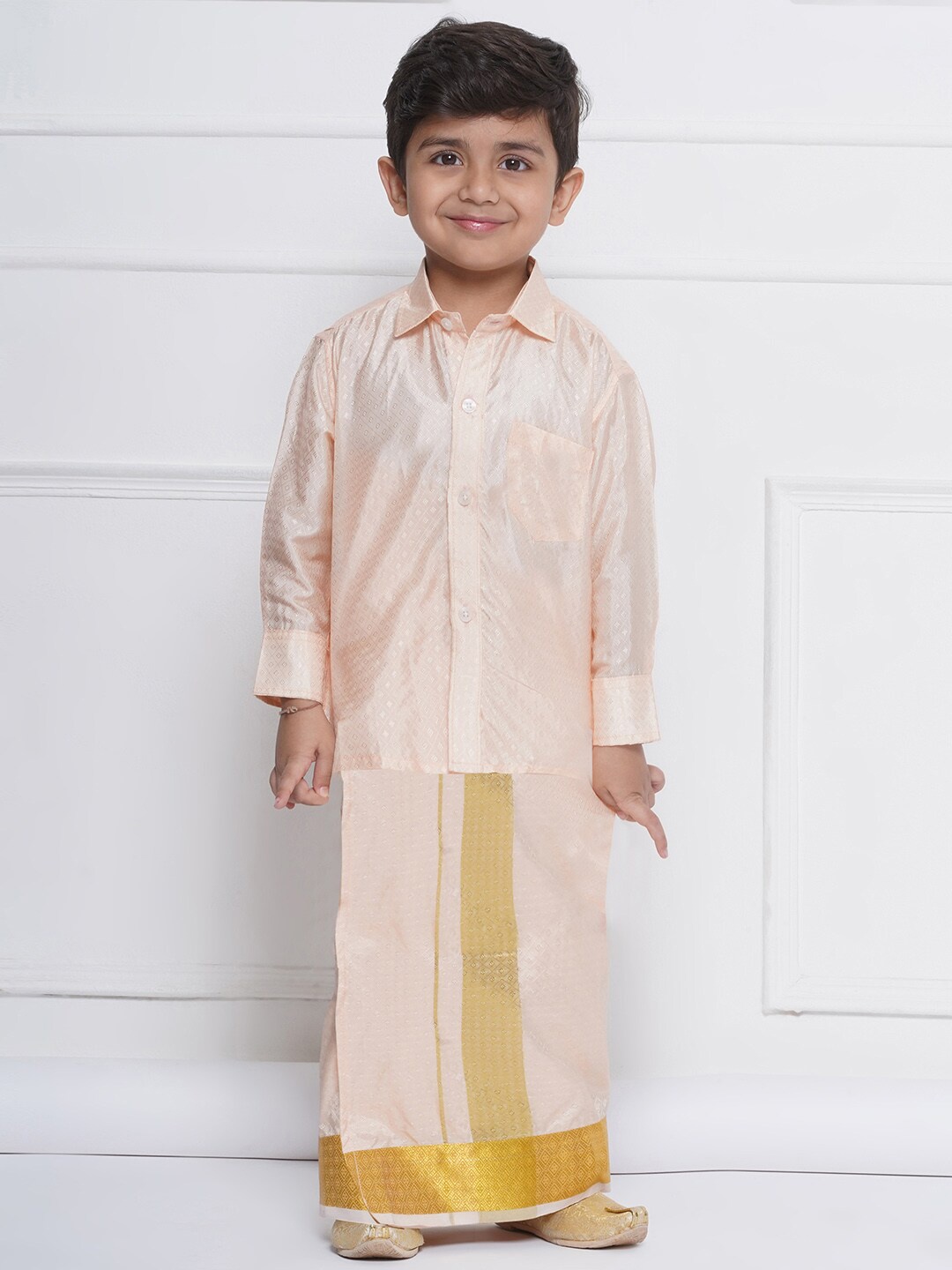 

Sethukrishna Boys Self Design Shirt Collar Shirt With Veshti, Orange
