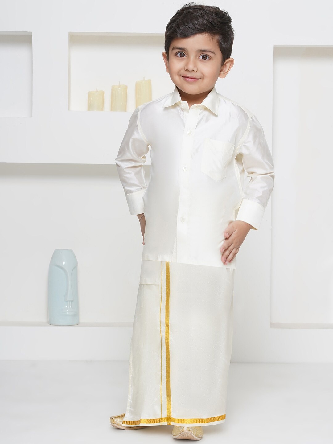 

Sethukrishna Boys Shirt Collar Pure Silk Shirt With Veshti, Cream