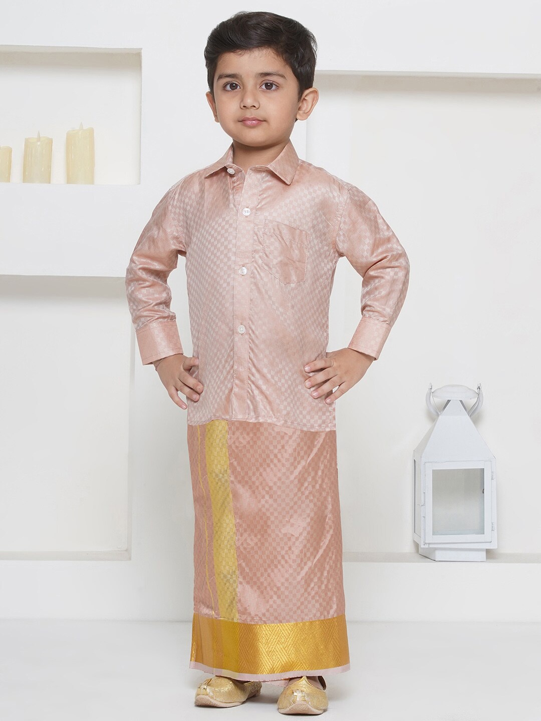 

Sethukrishna Boys Self Design Shirt Collar Shirt With Veshti, Bronze