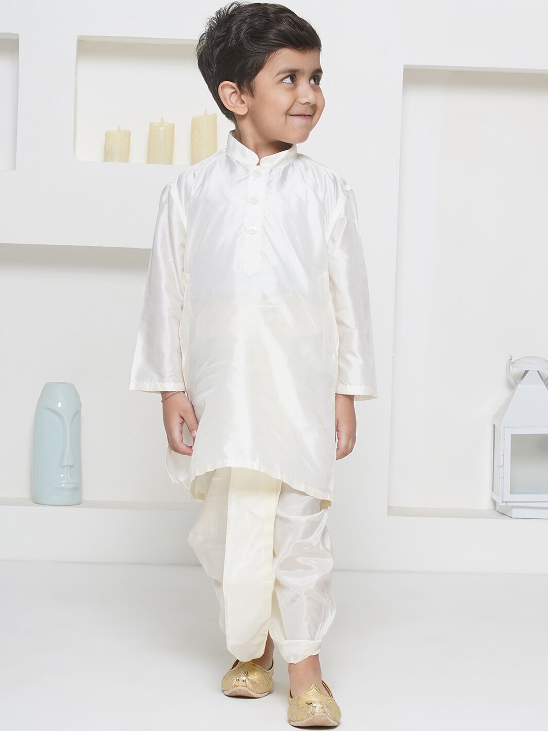 

Sethukrishna Boys Mandarin Collar Pure Silk Kurta with Dhoti Pants, White