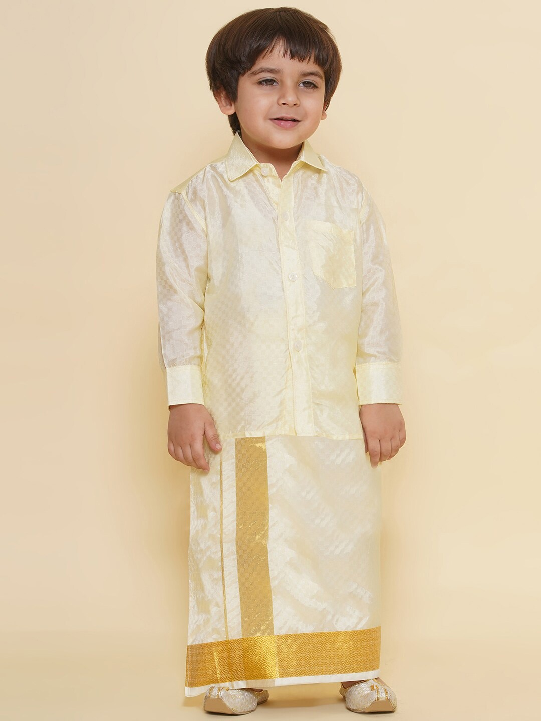 

Sethukrishna Boys Zari Border Checked Shirt Veshti with Angavastram, Cream