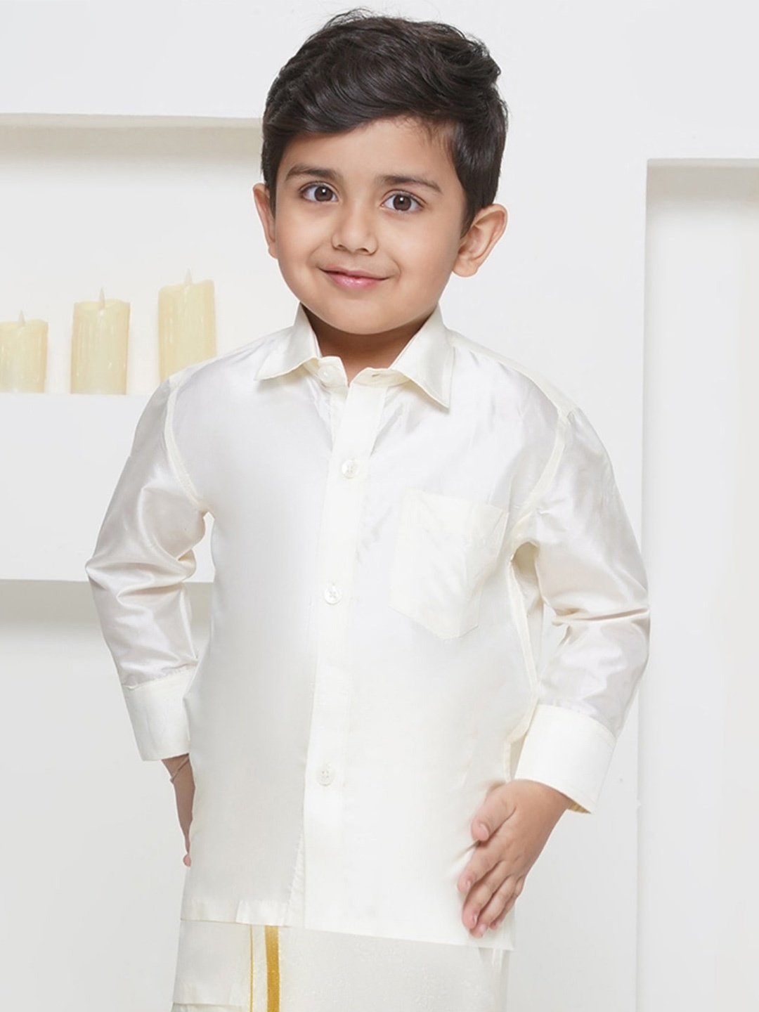 

Sethukrishna Boys Spread Collar Pure Silk Party Shirt, Cream