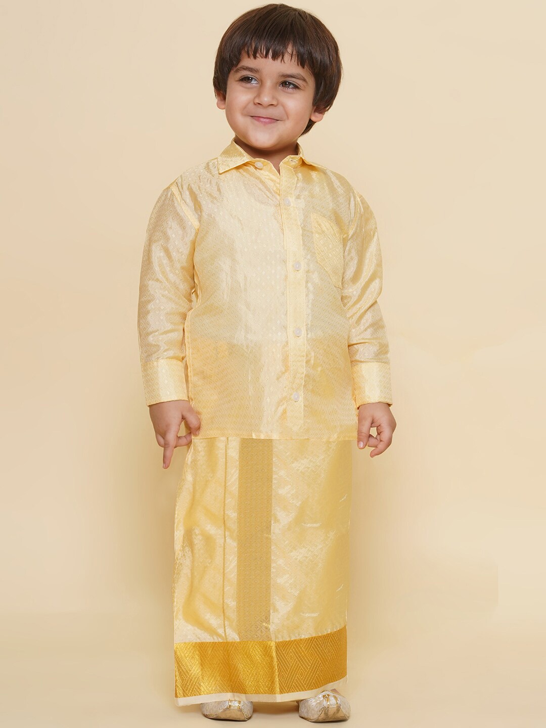 

Sethukrishna Boys Zari Border Checked Shirt Veshti, Beige