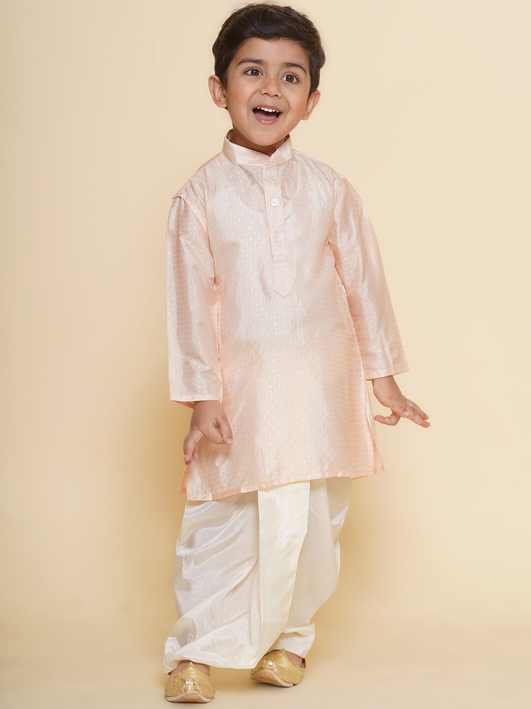

Sethukrishna Boys Mandarin Collar Pure Silk Kurta with Dhoti Pants, Pink