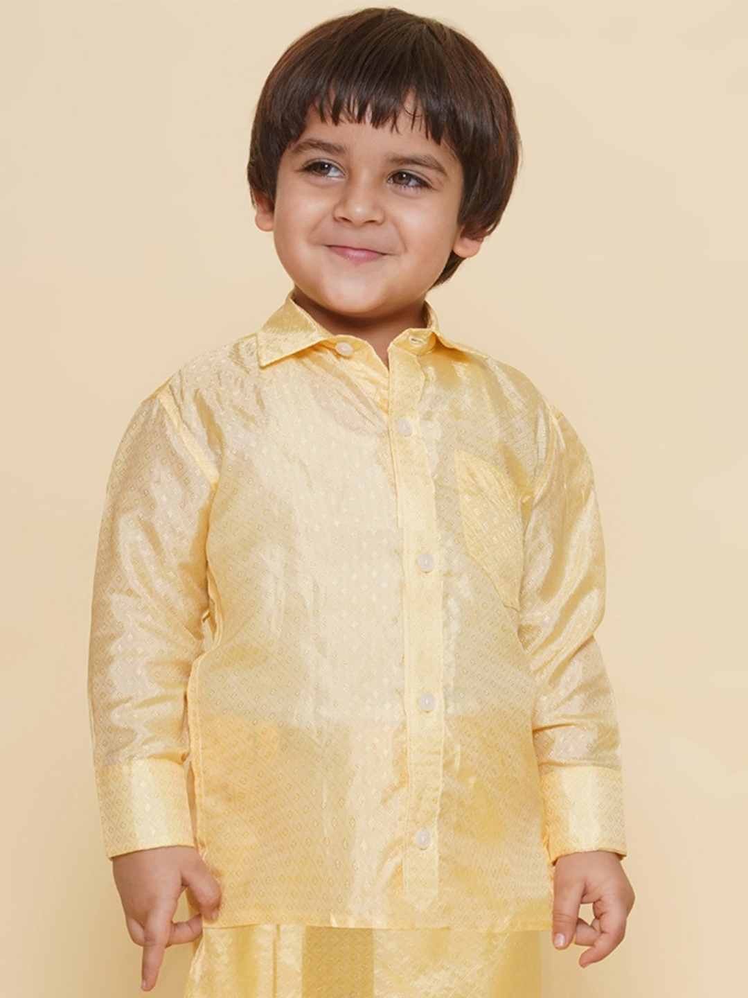 

Sethukrishna Boys Self Design Spread Collar Party Shirt, Beige