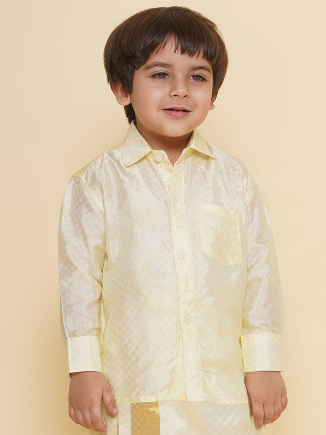 

Sethukrishna Boys Self Design Spread Collar Party Shirt, Cream