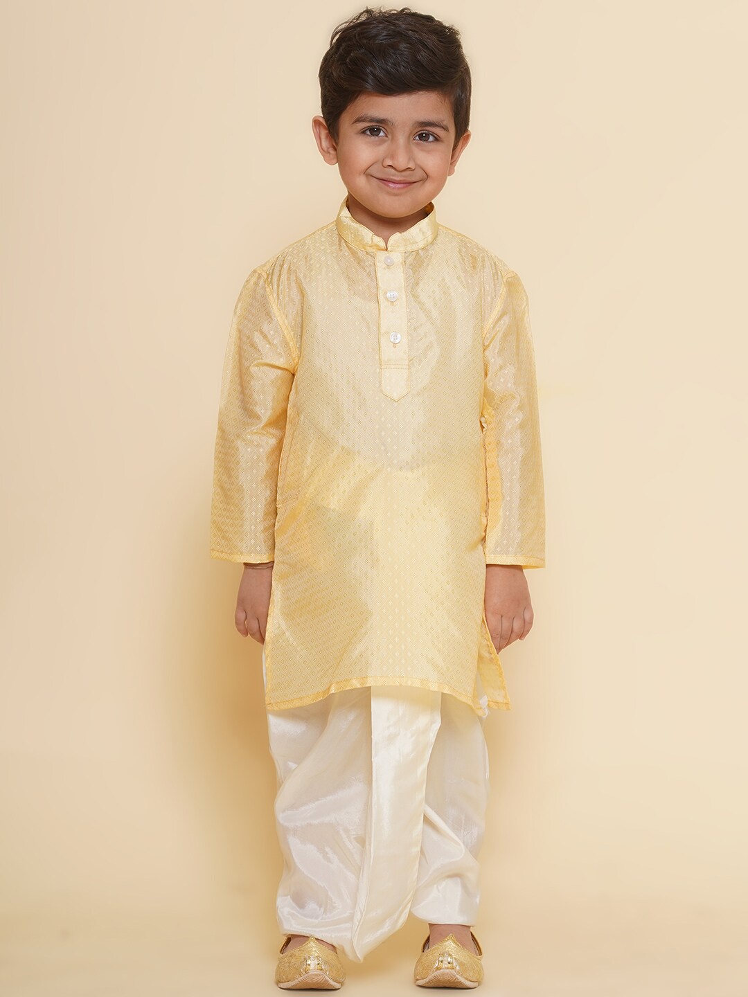 

Sethukrishna Boys Mandarin Collar Pure Silk Kurta with Dhoti Pants, Beige