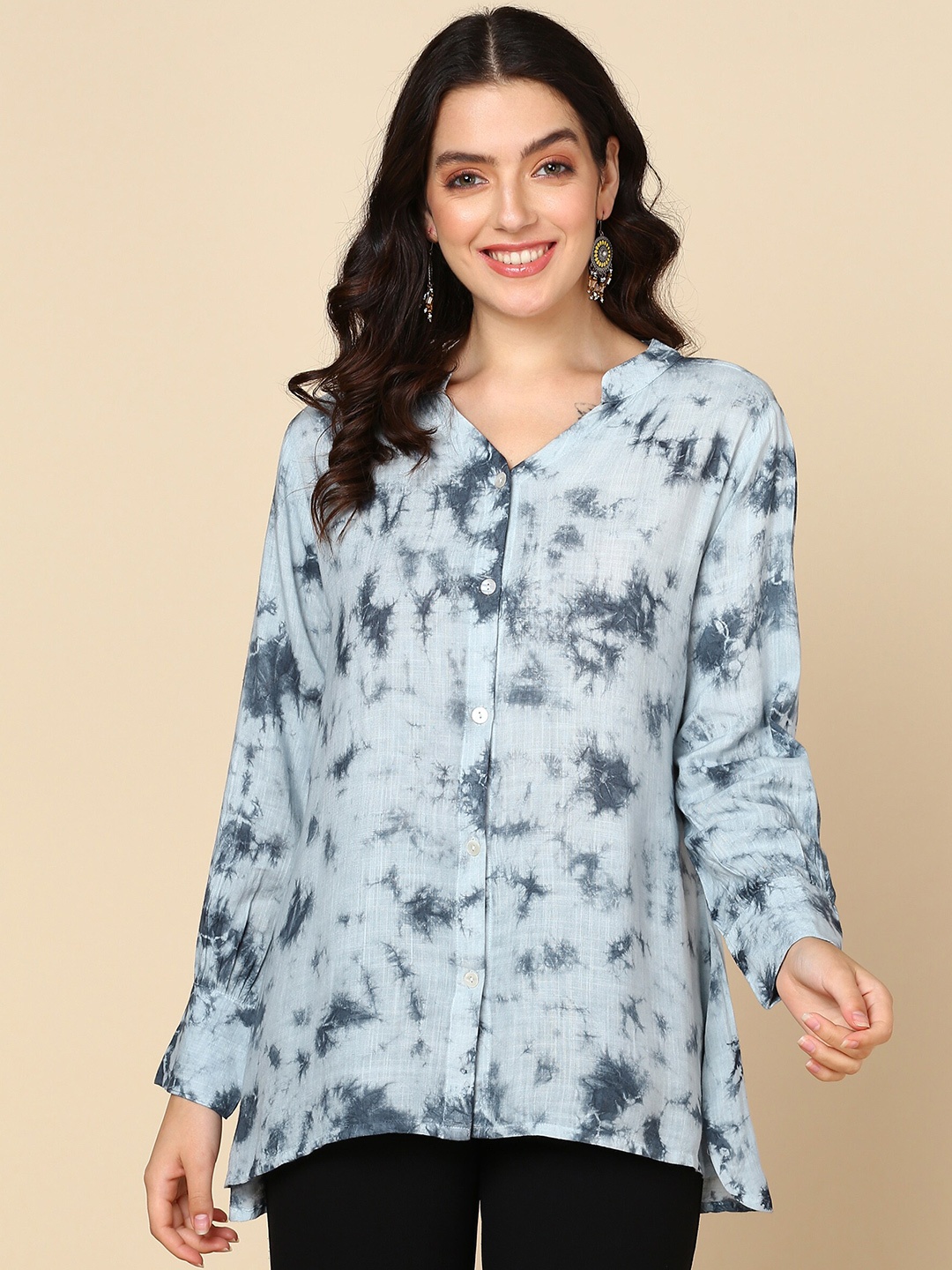 

Maaesa Relaxed Tie & Dye Printed Mandarin Collar Long Sleeves Casual Shirt, Grey