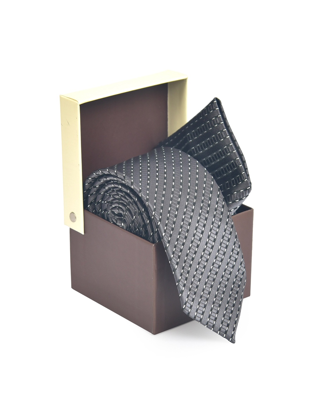 

Hashburys Men Printed Broad Tie With Pocket Square, Grey