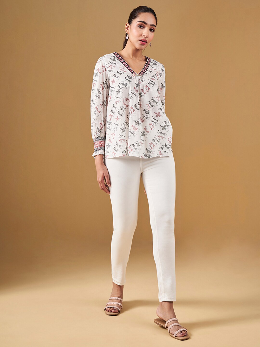 

Global Desi Ethnic Motifs Printed Cotton Top, White