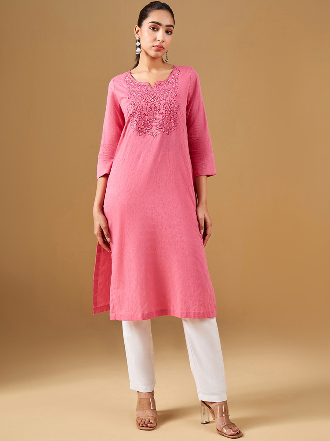 

Global Desi Ethnic Motifs Notch Neck Yoke Design Thread Work Cotton Kurta, Coral
