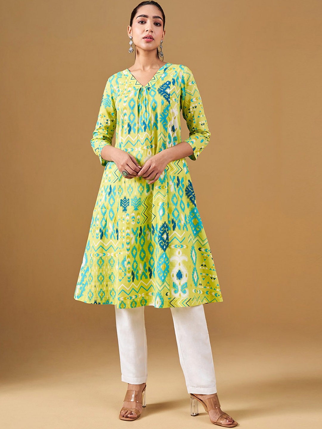 

Global Desi Ethnic Motifs Printed V-Neck Cotton A-Line Kurta, Yellow