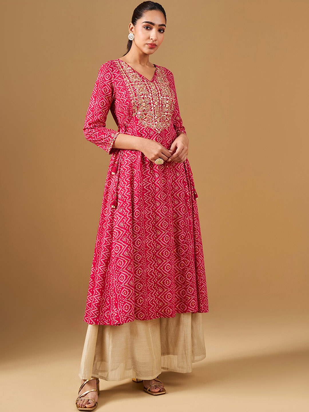 

Global Desi Ethnic Motifs Printed Round Neck Mirror Work Anarkali Kurta, Pink