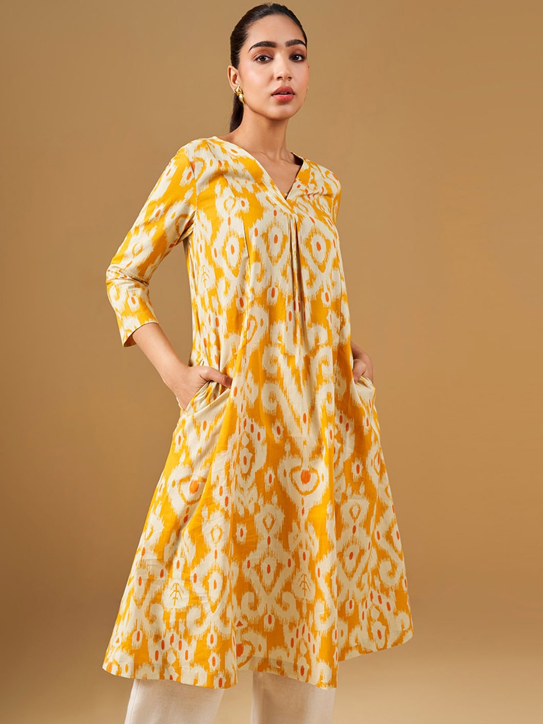 

Global Desi Printed V-Neck Cotton Anarkali Kurta, Mustard