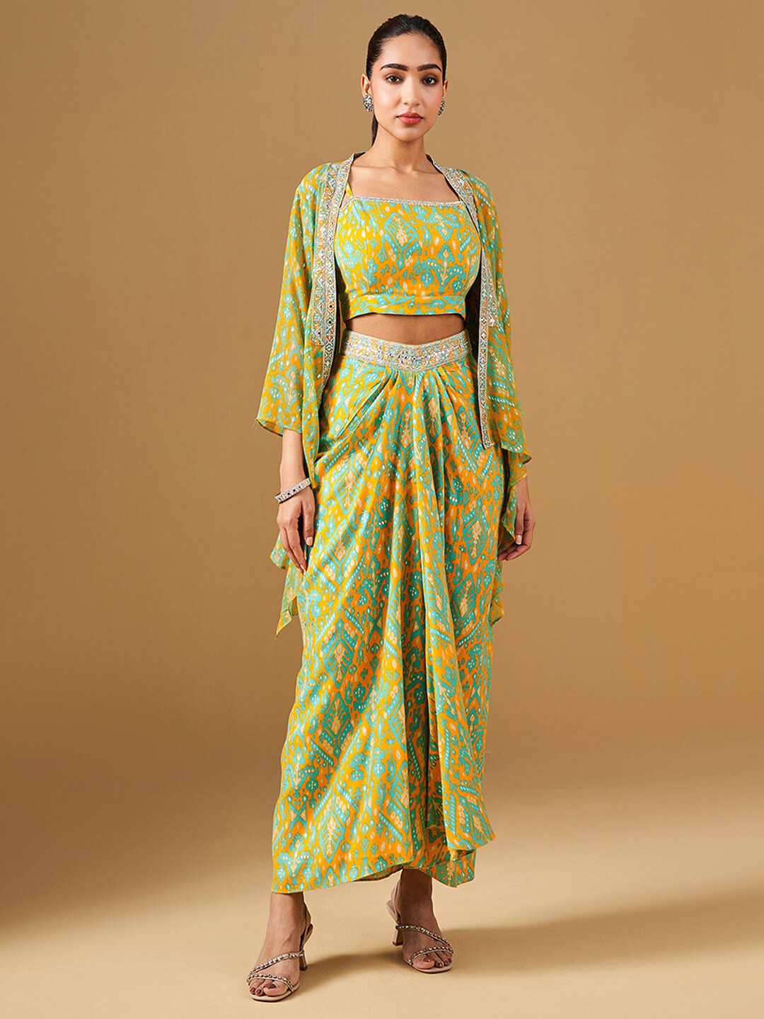 

Global Desi Printed Top & Skirt With Shrug, Mustard