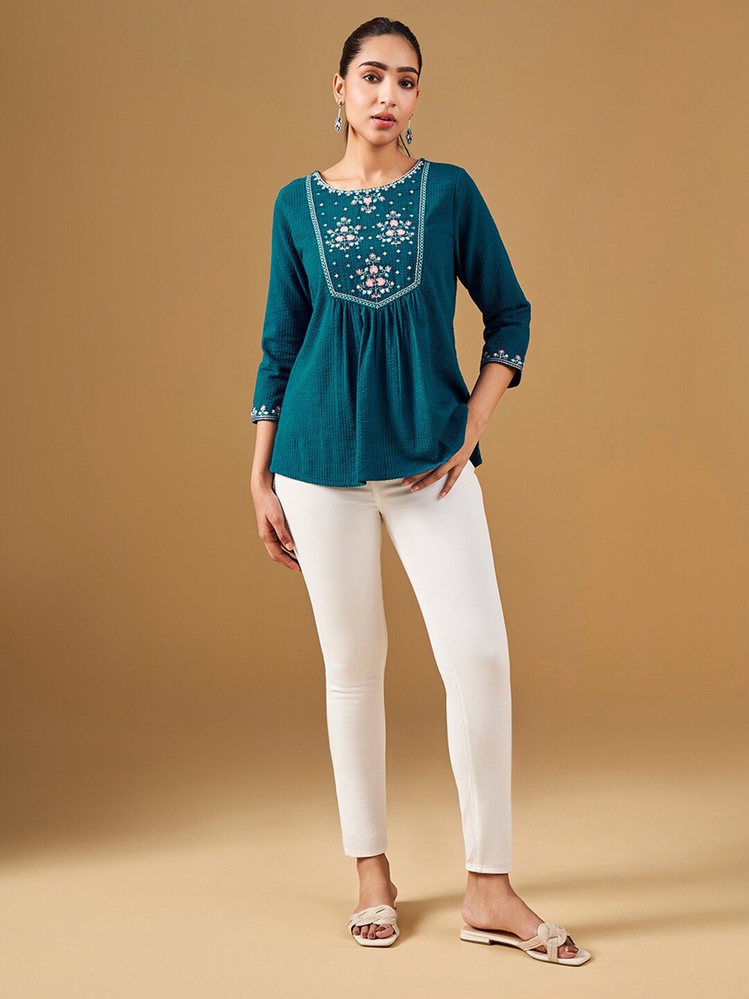 

Global Desi Floral Embroidered Pure Cotton A-Line Top, Teal