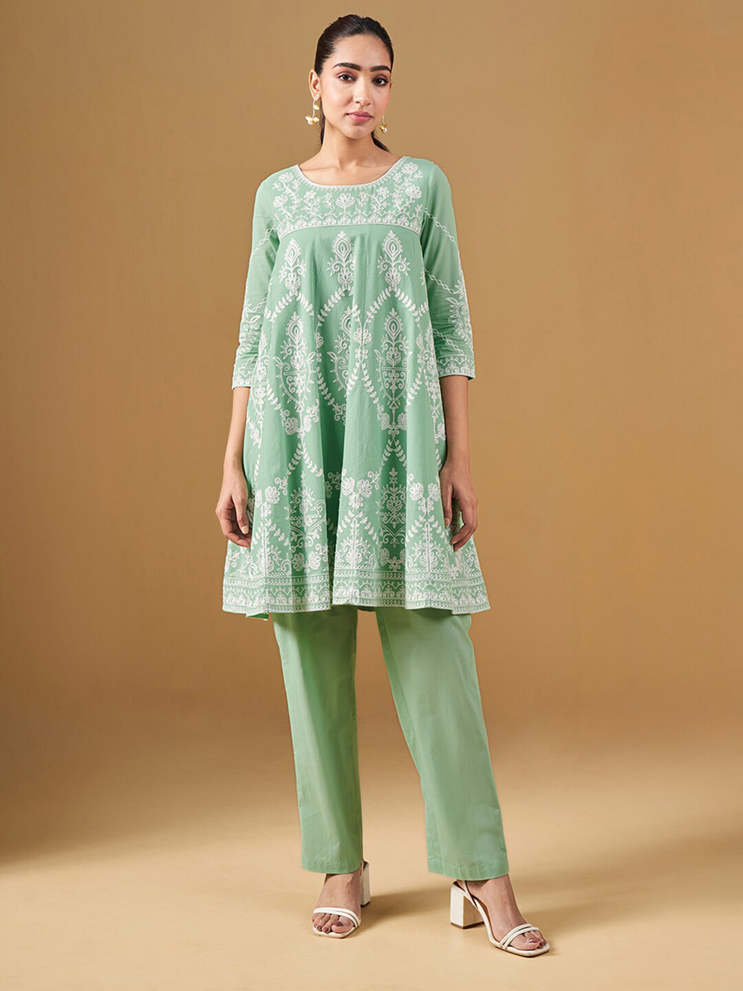 

Global Desi Embroidered Cotton A-Line Kurta Sets, Green