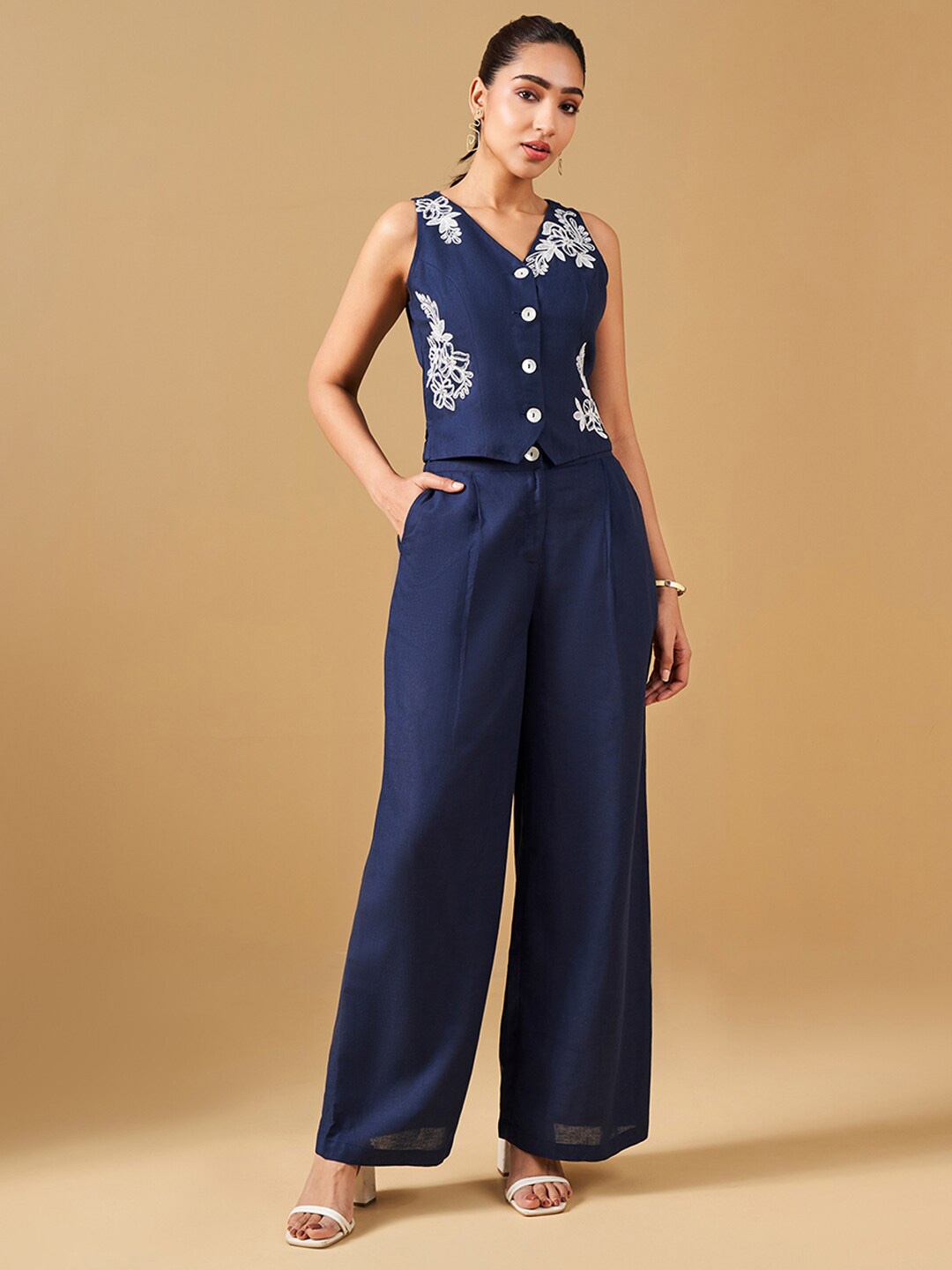 

Global Desi Embroidered Top with Trousers, Navy blue