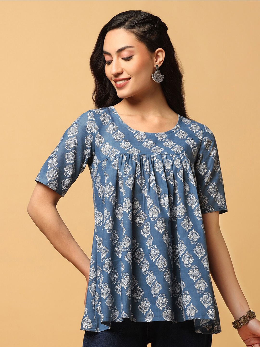 

FASHION DREAM Floral Printed Round Neck Gathered Cotton A-Line Top, Blue