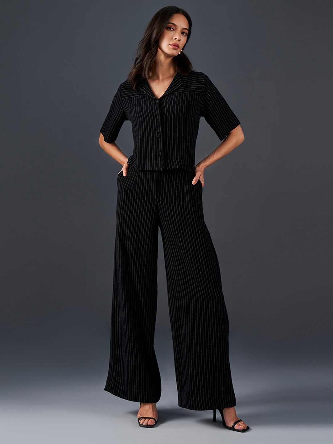 

AND Striped Shawl Neck Shirt With Palazzo, Black