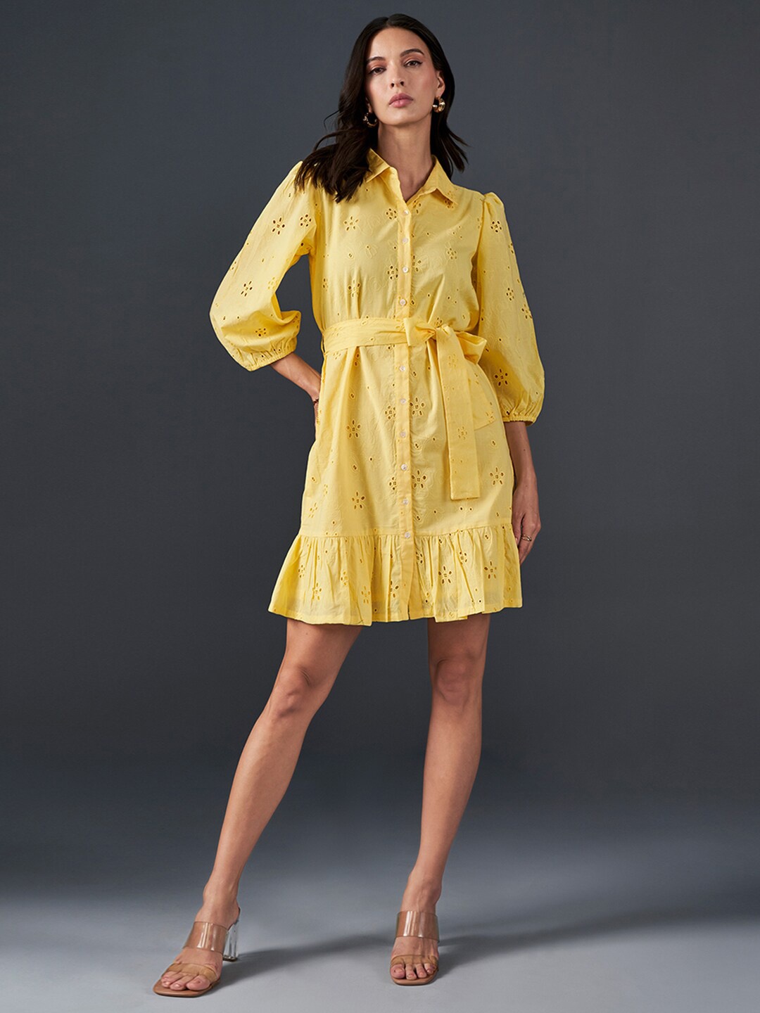 

AND Self Design Shirt Dress, Yellow