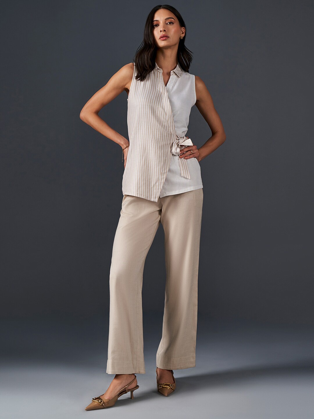

AND Striped Shirt Collar Sleeveless Pure Cotton Top & Trouser, Beige