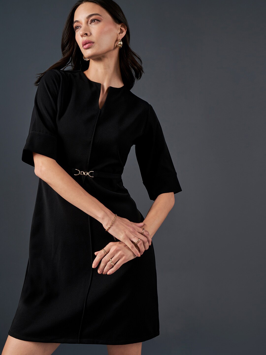 

AND Round Neck A-Line Dress, Black