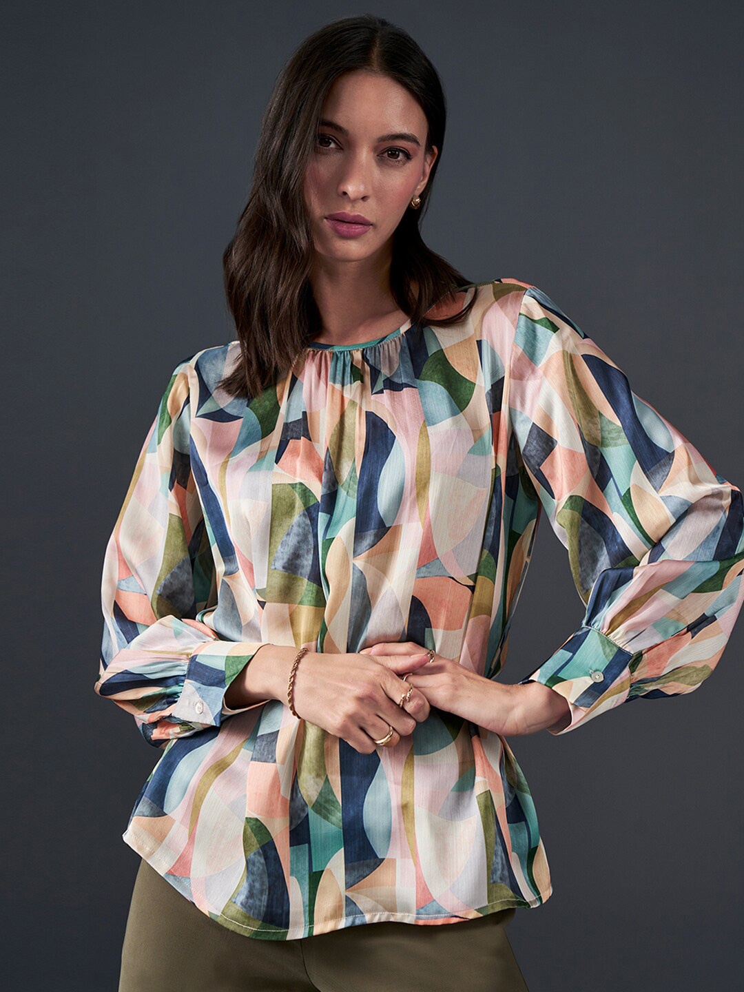

AND Abstract Printed Boat Neck Top, Beige