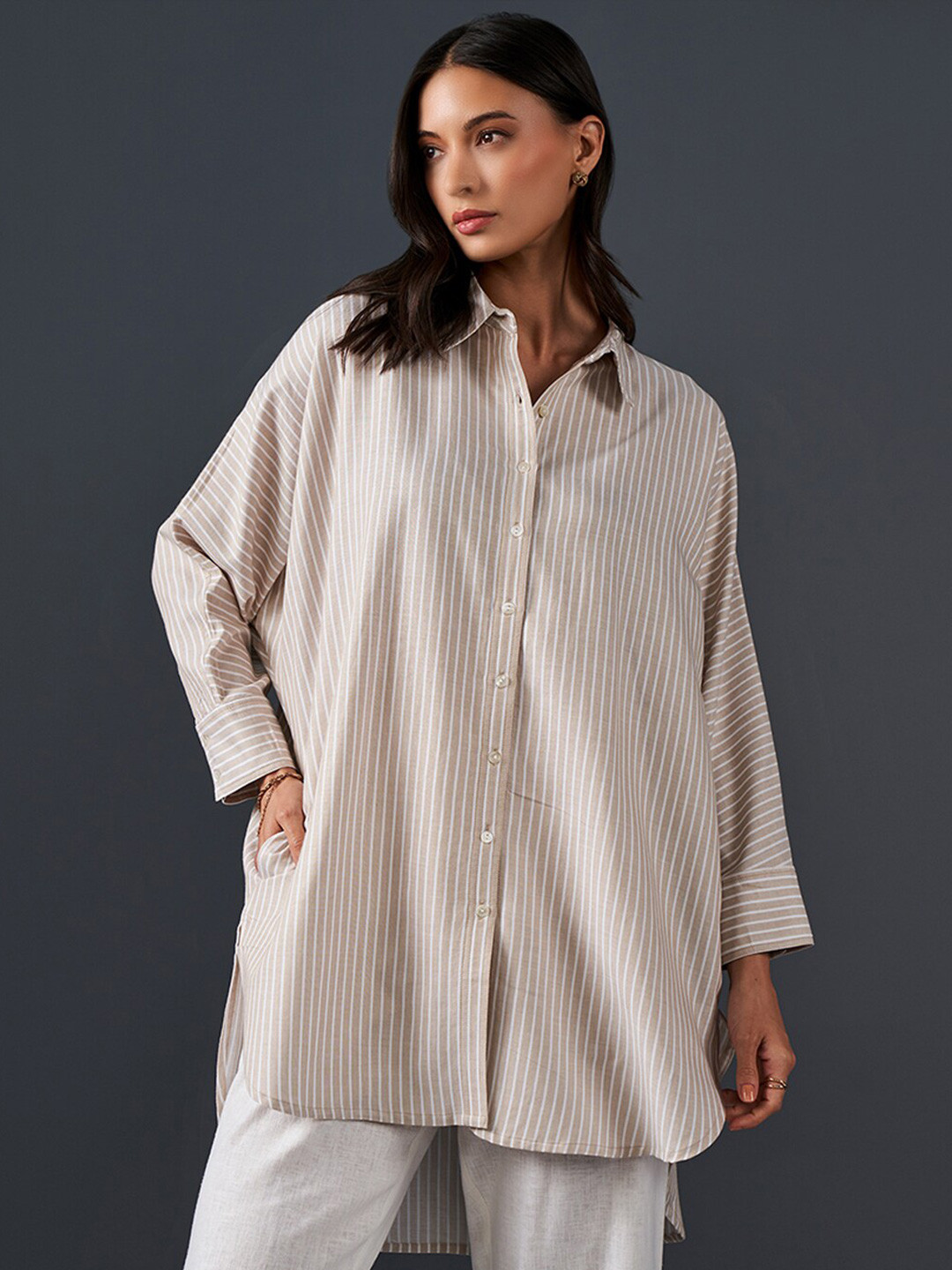 

AND Striped Pure Cotton Longline Shirt Style Top, Beige