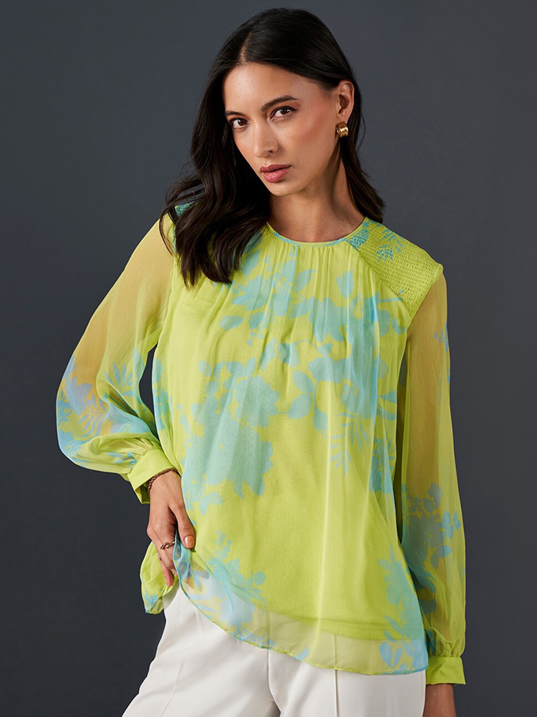 

AND Abstract Printed Round Neck Cuffed Sleeves Top, Green
