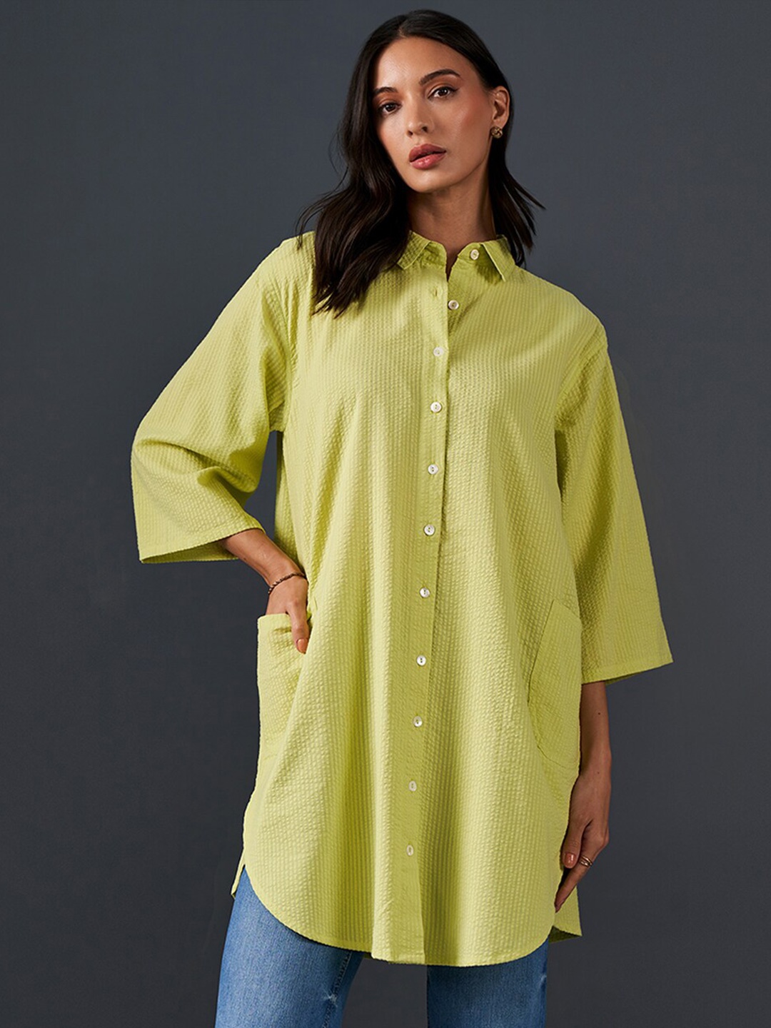 

AND Self Design Mandarin Collar Cotton Top, Green