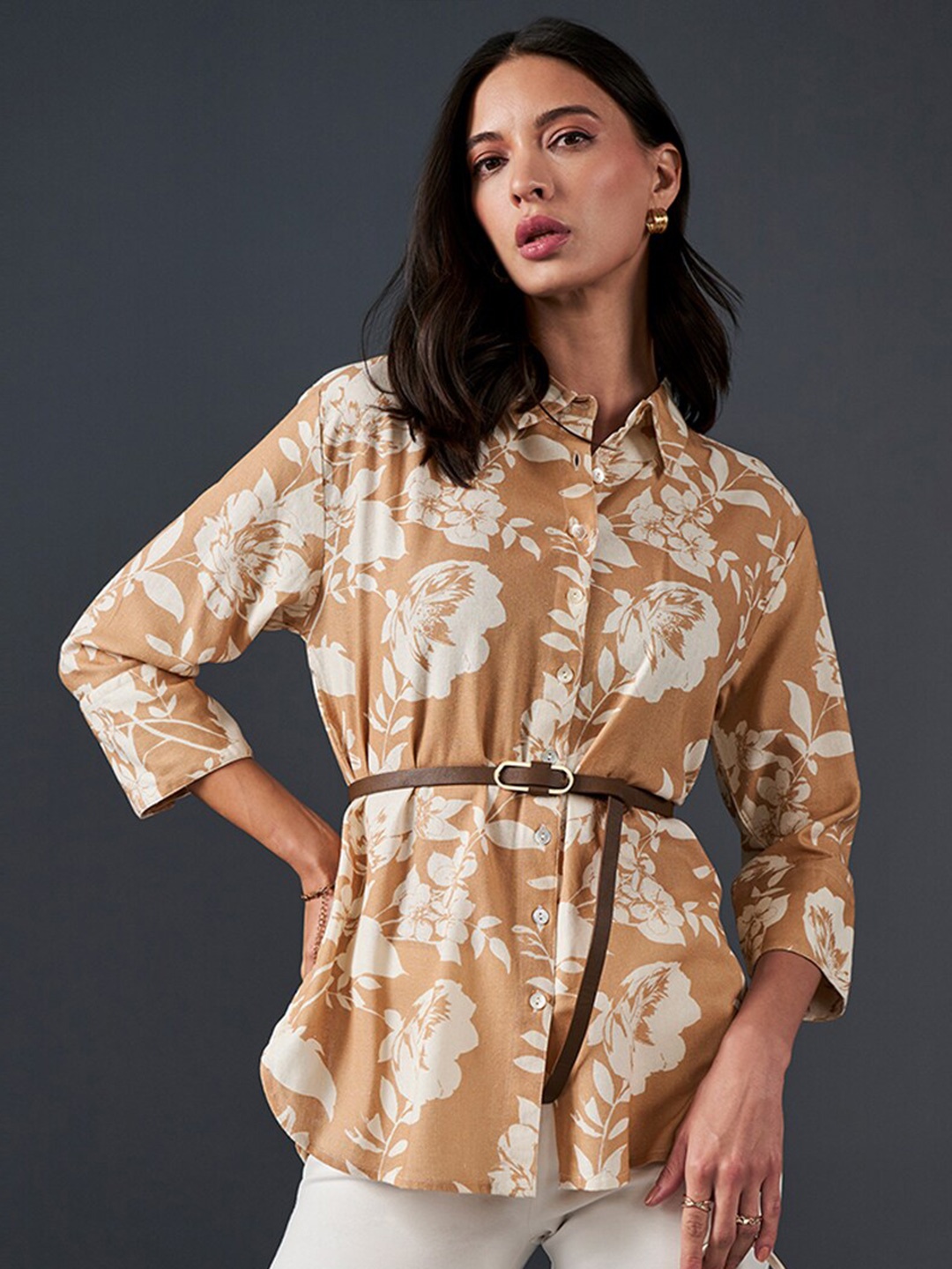 

AND Floral Printed Shirt Collar Style Top, Beige