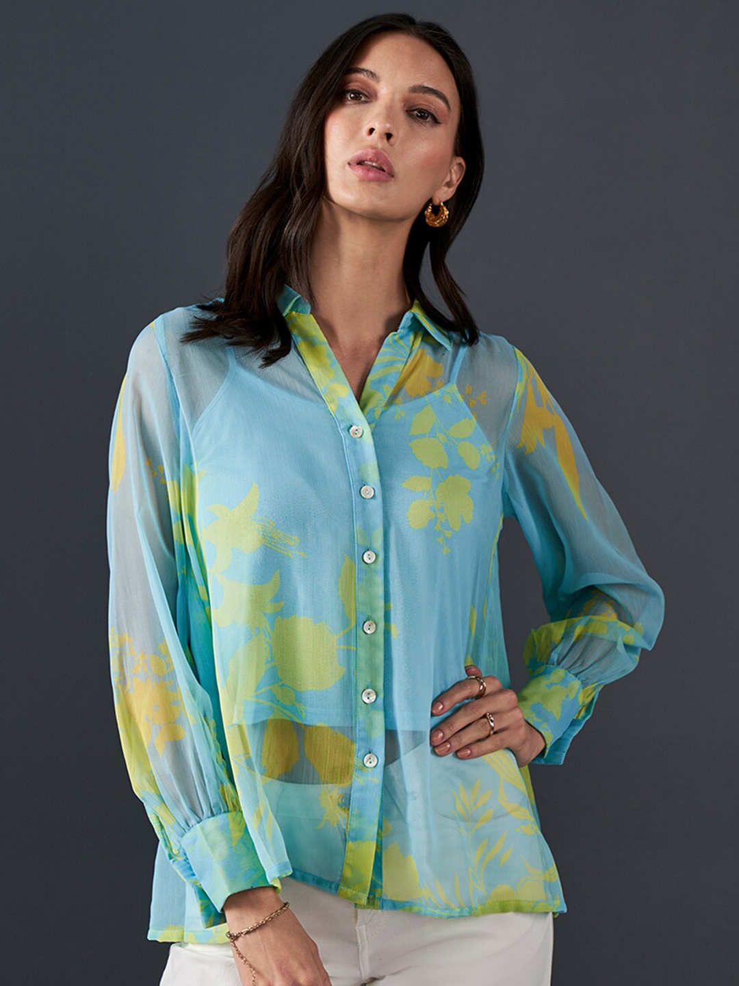 

AND Abstract Printed Cuffed Sleeves Shirt Collar Style Top, Turquoise blue