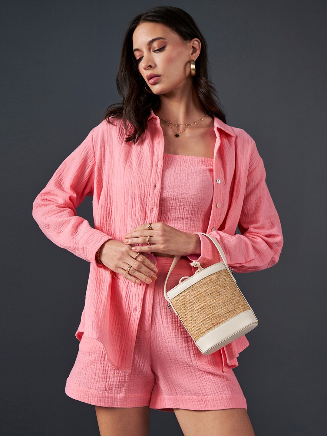 

AND Shoulder Straps Pure Cotton Three-Piece, Pink