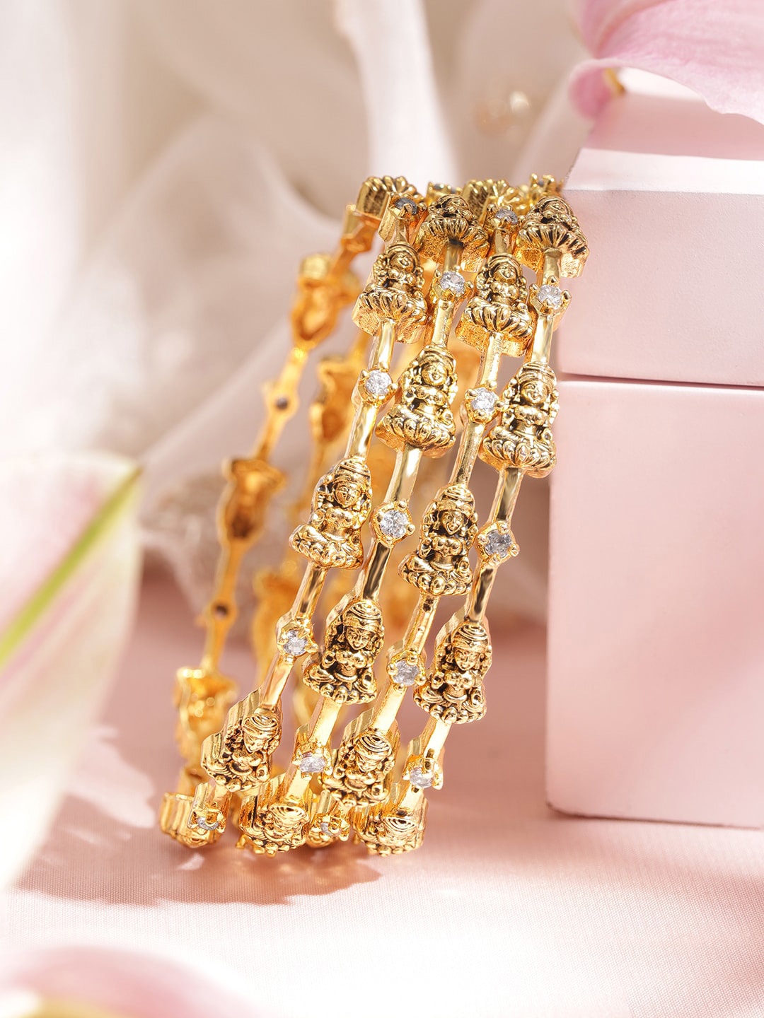 

Rubans Set Of 4 22KT Gold-Plated CZ-Studded Bangles