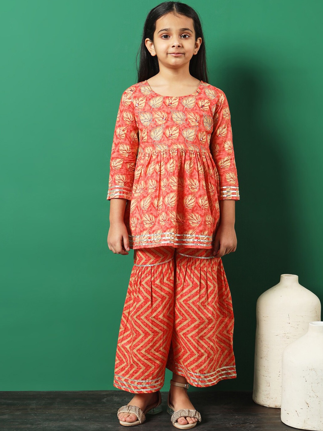 

Readiprint Girls Ethnic Motifs Printed Empire Pure Cotton Kurti with Sharara, Peach
