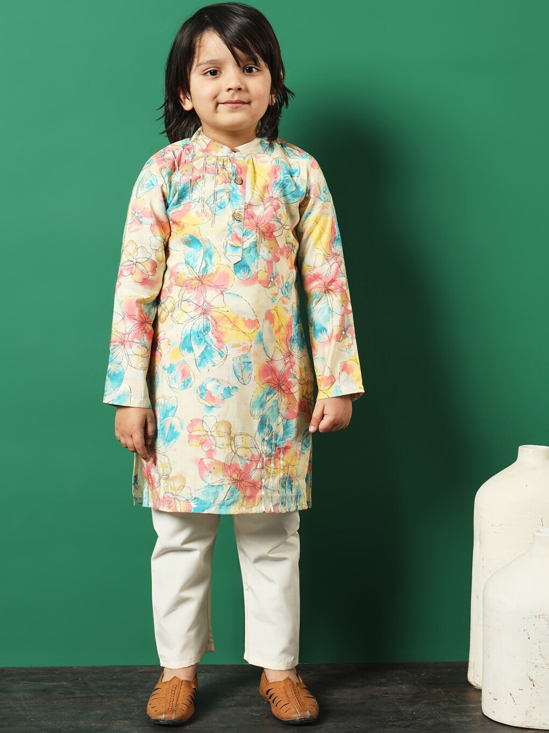 Readiprint Boys Floral Printed Gotta Patti Chanderi Silk Kurta with Pyjamas, White